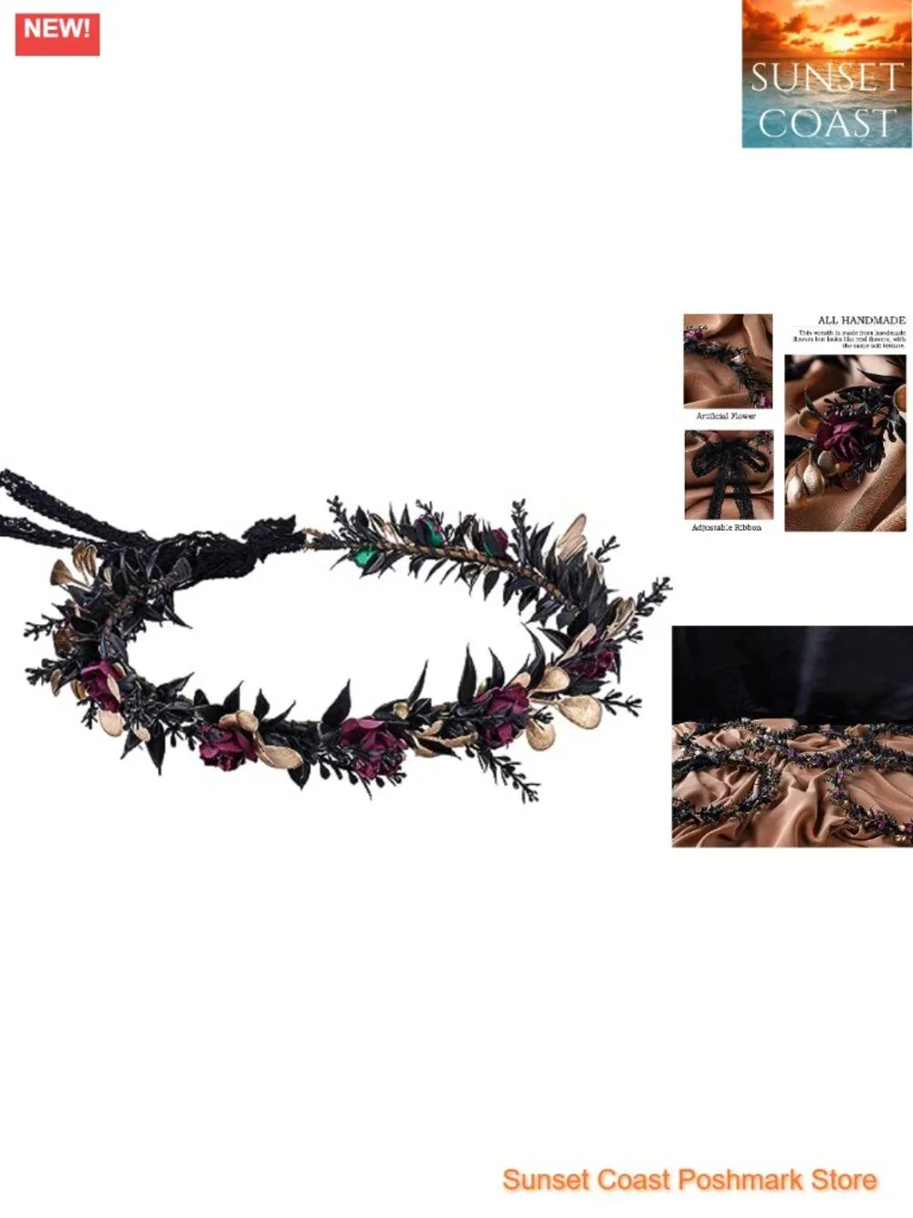 MOSTORY Elf Black Flower Crown Gothic Fairy Headband Renfaire Halloween Costume
